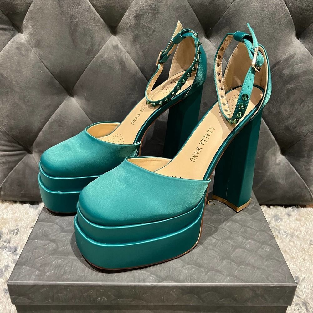 New Azalea Wang Teal Studded Closed Toe Platforms… - image 2